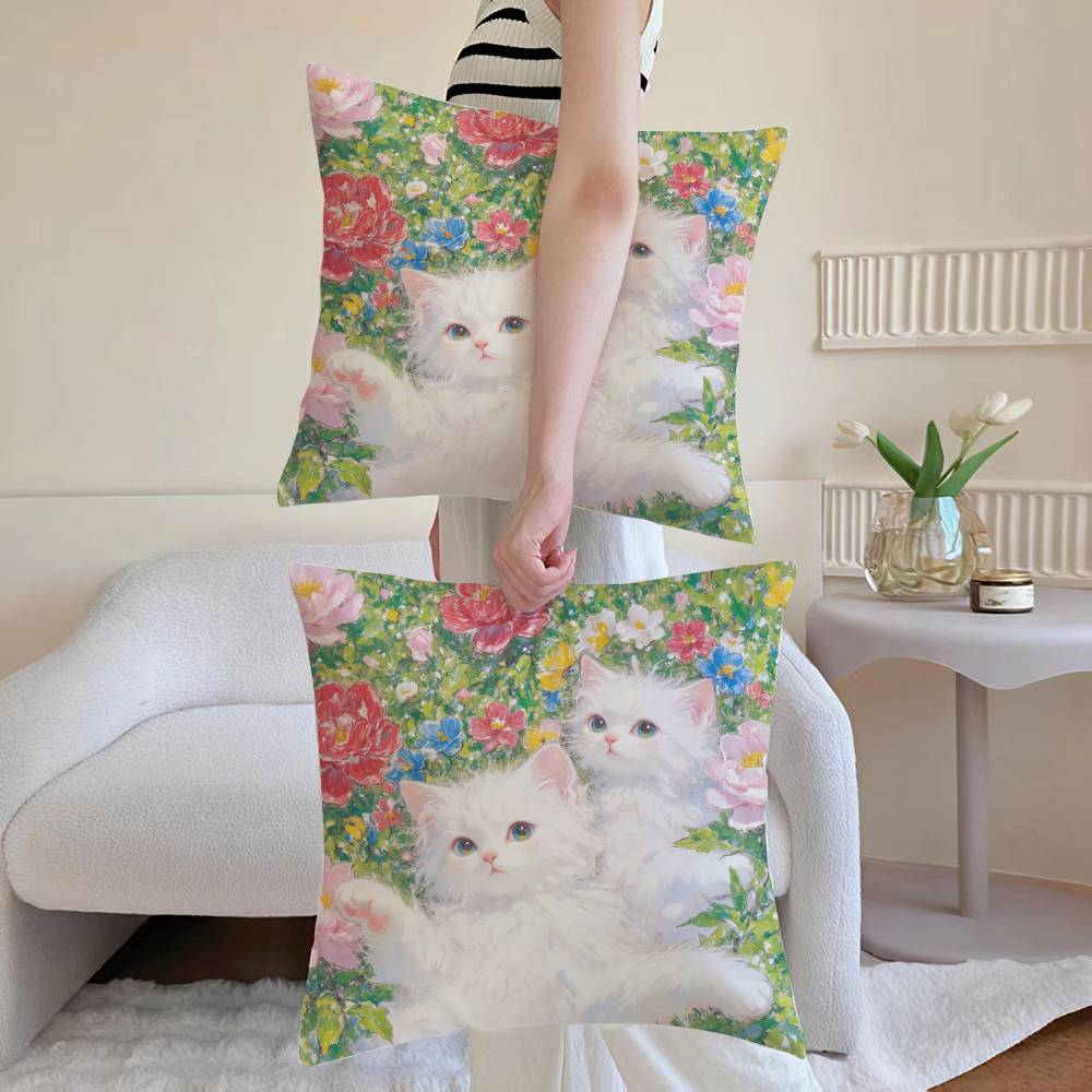 Painting Style KittenS Pillow Case Anti-dustmite Pillowcase Invisible Zipper Silky Sofa Cushion Cover