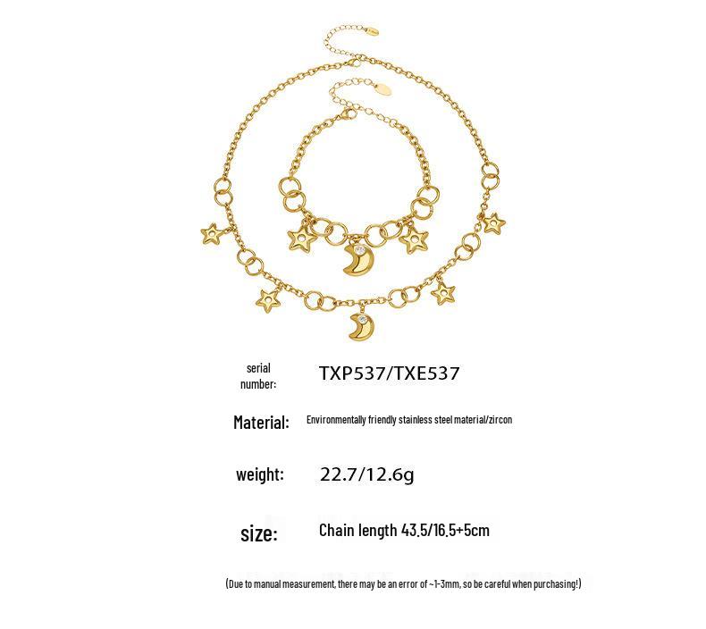 Exquisite Fairy Star & Moon Pendant Necklace Bracelet, Two-Color Electroplated Stainless Steel Clavicle Chain