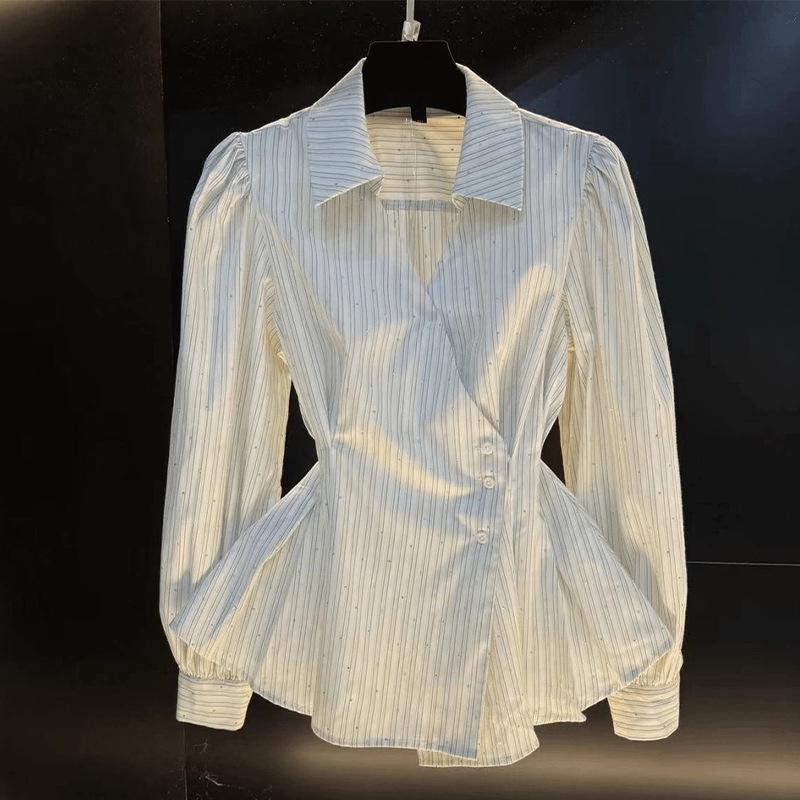 

Ruiyu Temperament Waist Long-sleeved Shirt 2025 Autumn New Striped Shirt Cardigan for Women S белый