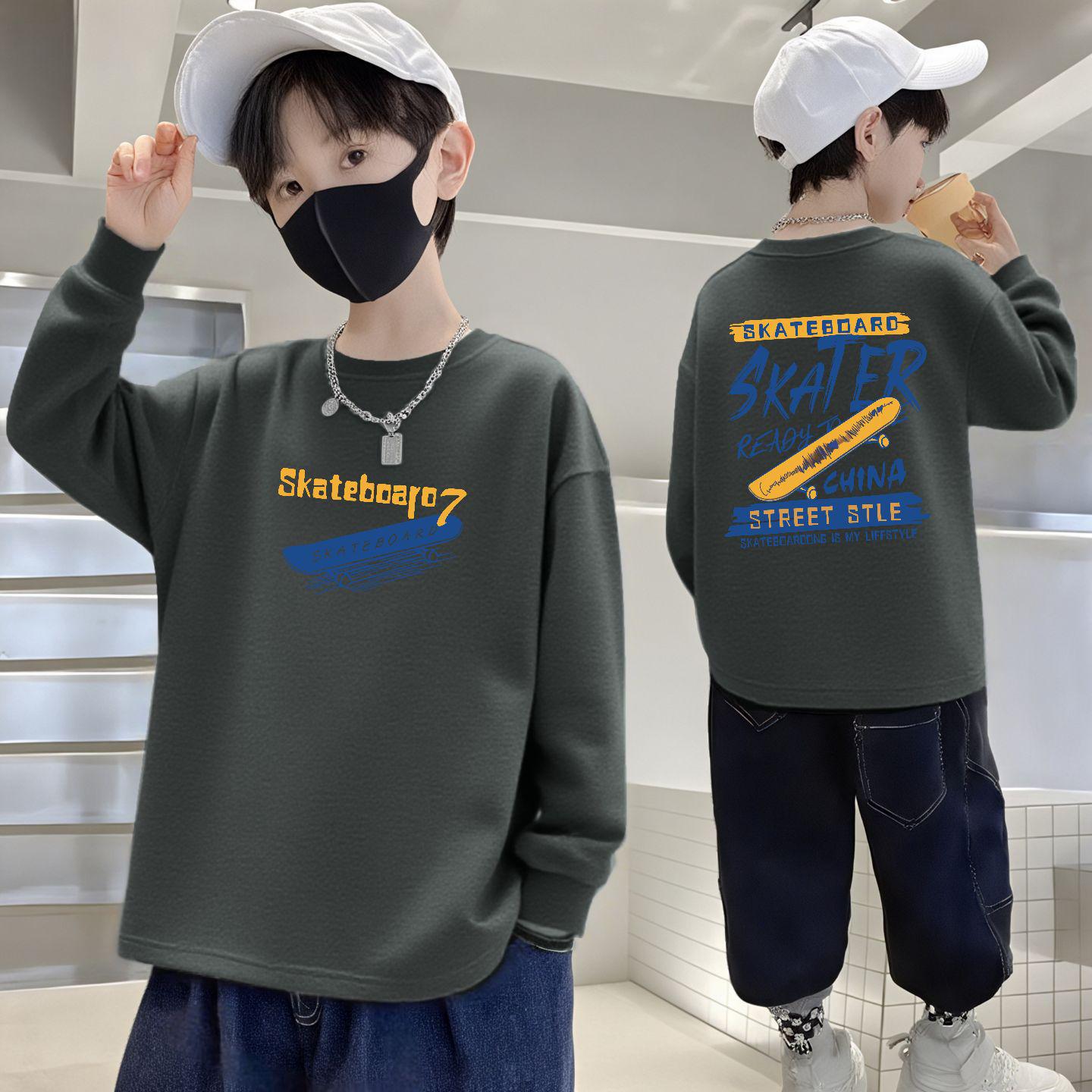 

100% Pure Cotton Boys Long-Sleeve Round Neck T-Shirt for Autumn - Loose Fit Kidswear 140cm (60-70kg)