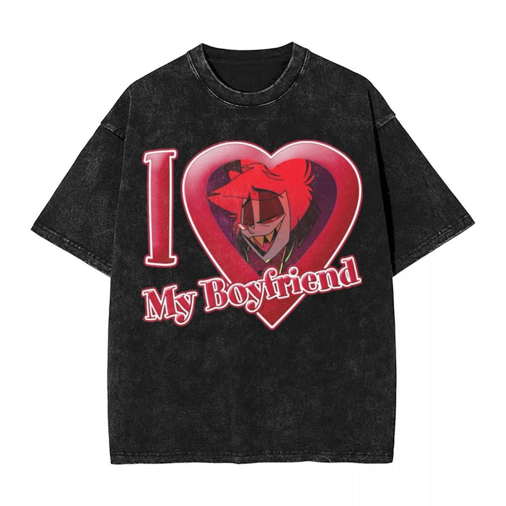 Harajuku Cotton Oversized TshirtMen Short Sleeve TeesAlastor I Love My Boyfriend Summer Loose Washed Tops TShirt