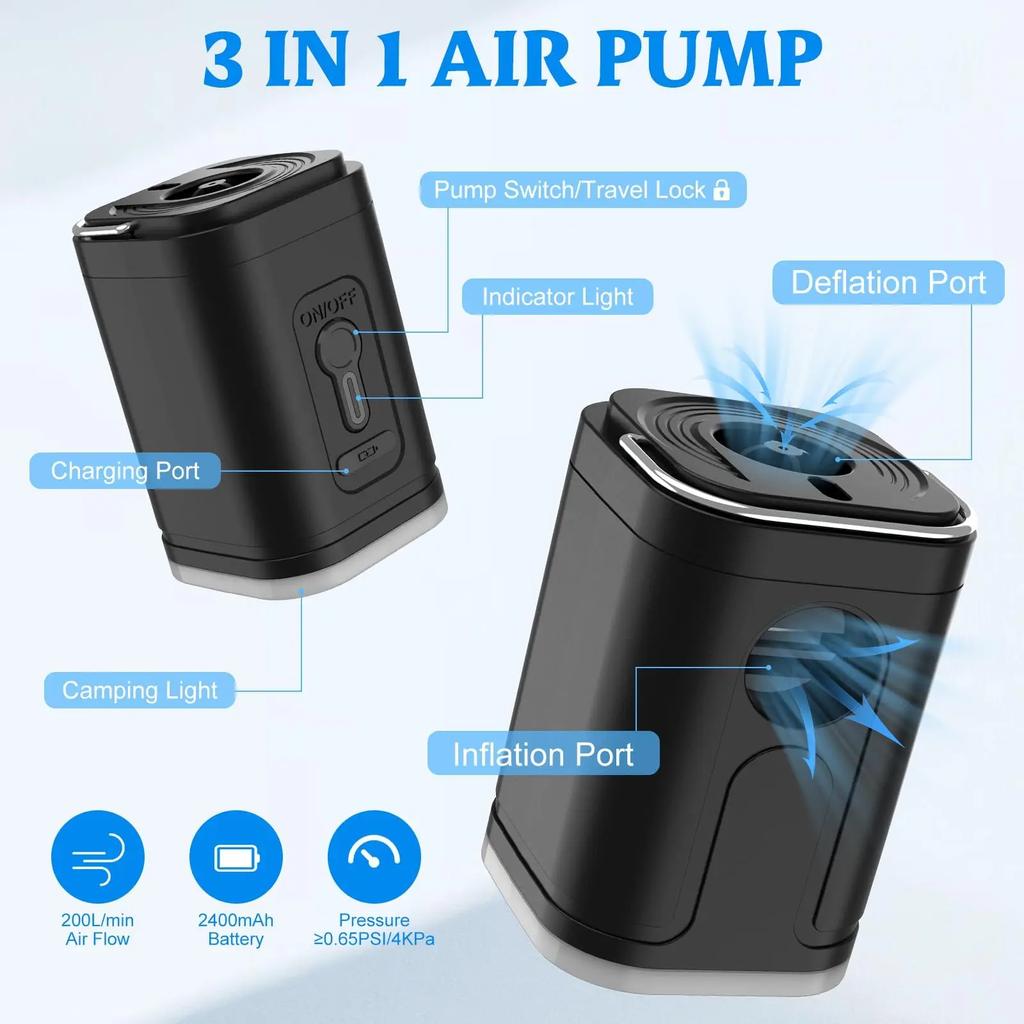Mini Electric Air Pump Portable Wireless Air Compressor with LED Light Quick Inflate/Deflate Pump for Air Mattress Swim Ring