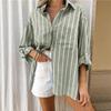 2025 spring and autumn European and American women's clothing loose polo collar striped holiday shirt fashion button women's T-shirt top