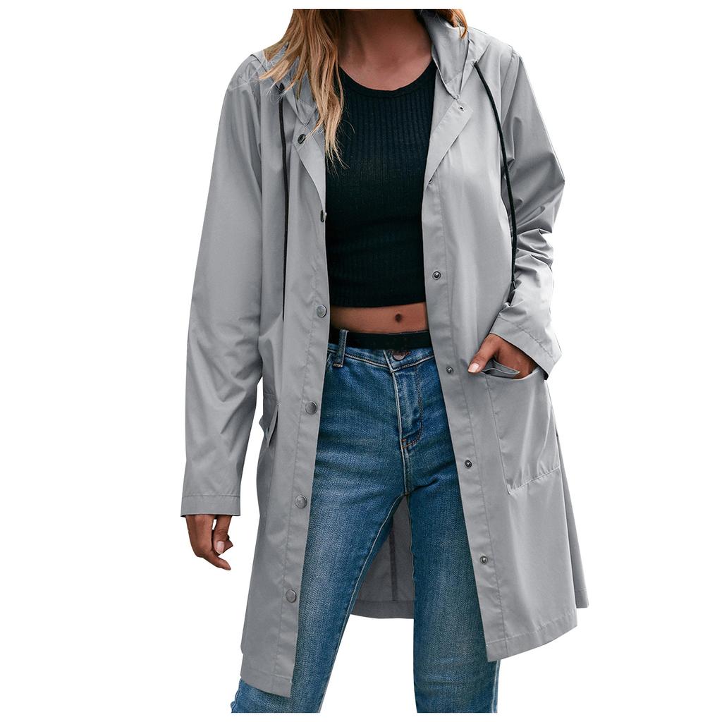 Women's Fashion-Simple Solid Color Outdoor Sports Single-breasted Pocket Windproof And Rainproof Hooded Mid-length Windbreaker Jacket