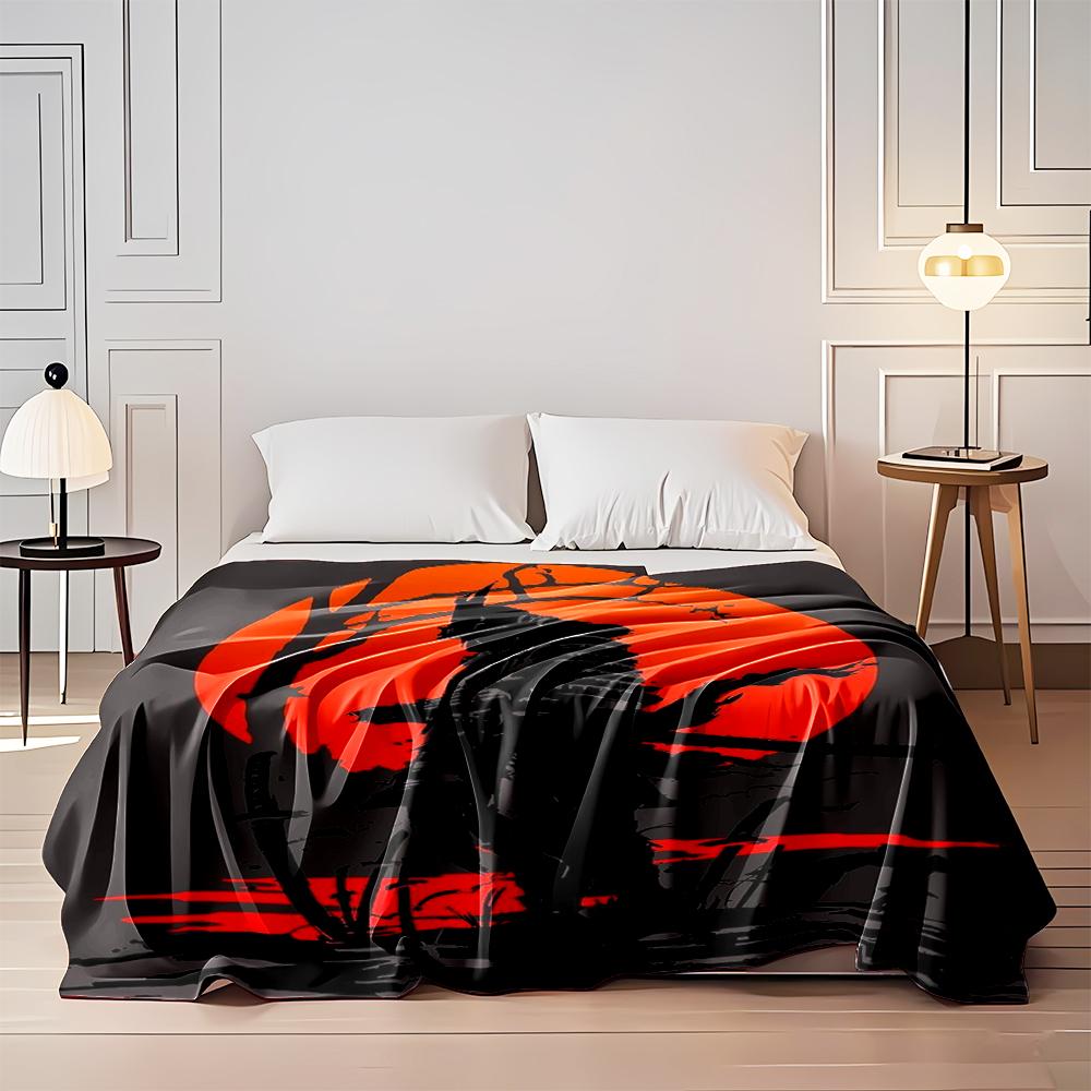 Samurai Silhouette with Red Sunset Flannel blanket for bedroom, living room, sofa, and nap sofas.