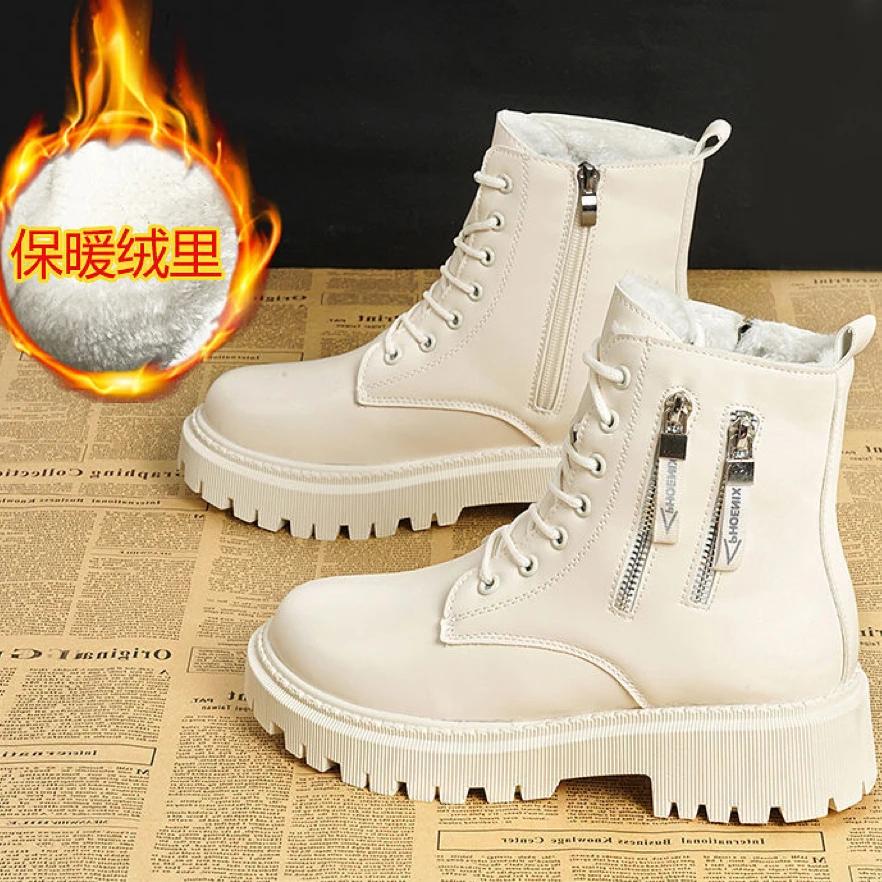 Snøstøvler Plysj Varm Medium Støvletter Dame Svart og Hvit Vinter Fortykket Varm Snø Flate Sko Zapatos Mujer
