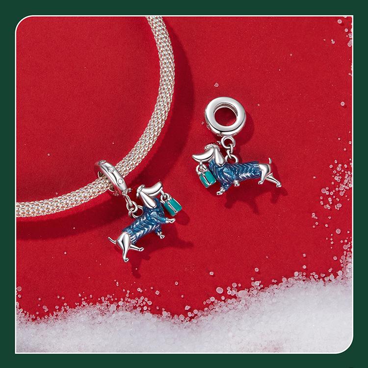 Handmade S925 Sterling Silver Dachshund Christmas Pendant with White Gold Plating - Creative DIY Jewelry Accessory