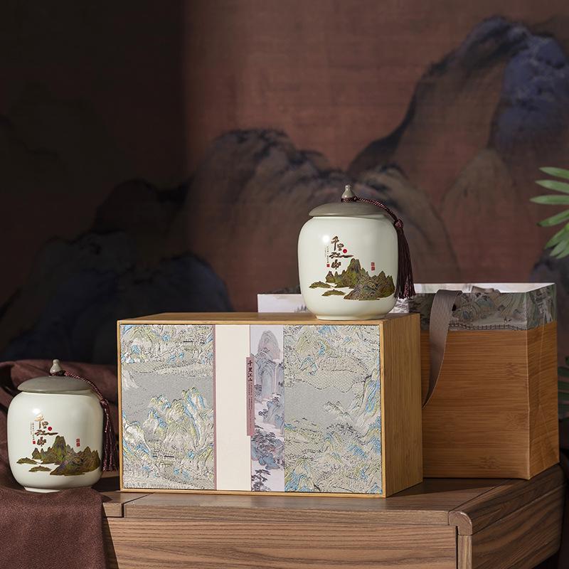 Thousand Li of Rivers and Mountains Tea Gift Set: Sealed Ceramic Jars with Jin Junmei, Da Hong Pao, and Zhengshan Xiaozhong Varieties. Double Can