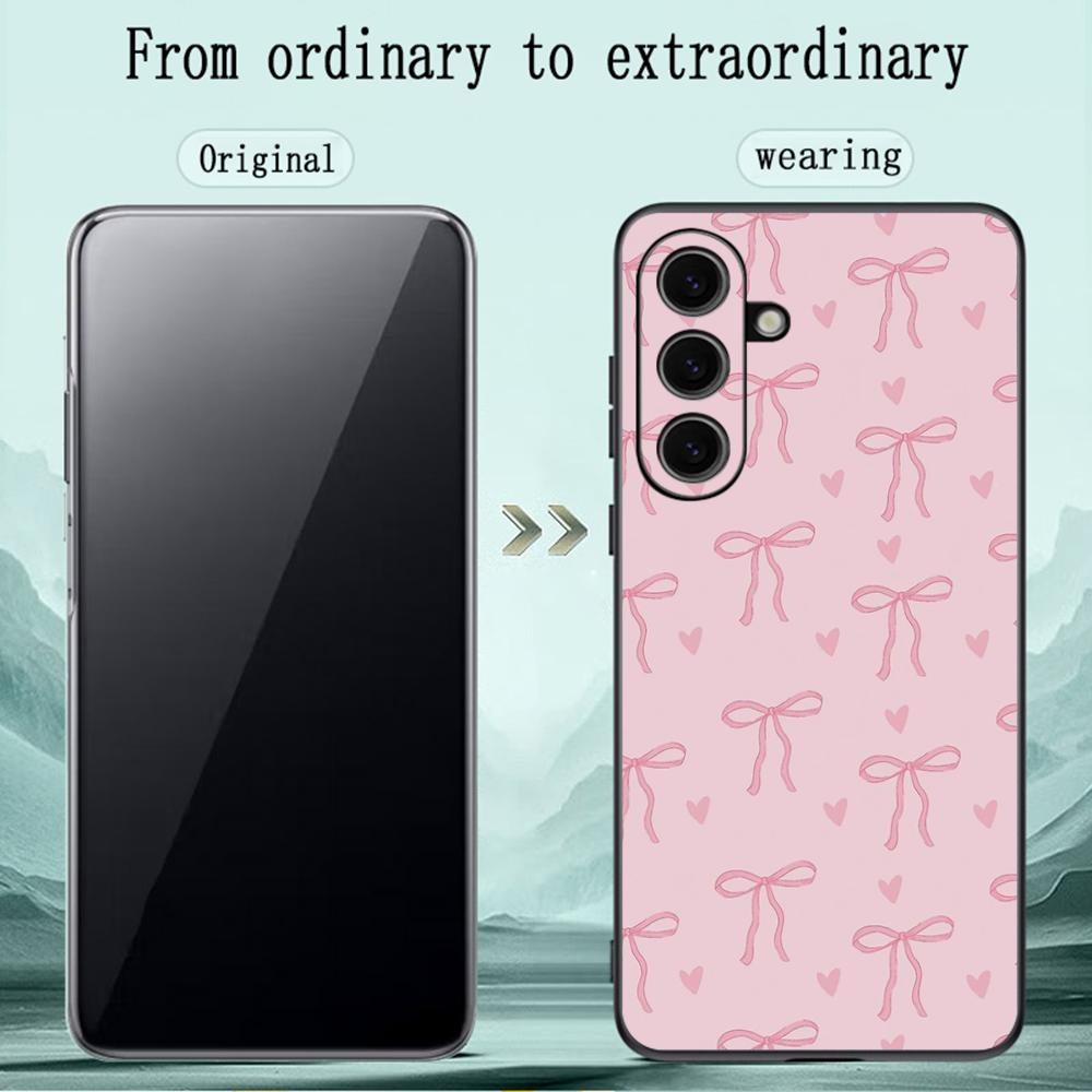 Bow Cute Pink Girly Cartoon Design Phone Case For Samsung Galaxy S26 S25 S24 S23 S22 S21 Plus Ultra Note20 Soft Black
