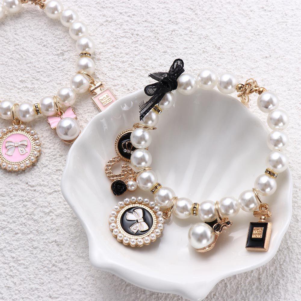 Pink Fashion Dog Chain Puppy Accessories Pearl Rhinestone Bow Collar Necklace Cat Jewelry Pet  Collars