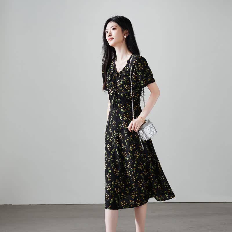 SOFSIL 2026 Summer Mulberry Silk V-Neck Floral Midi Dress M