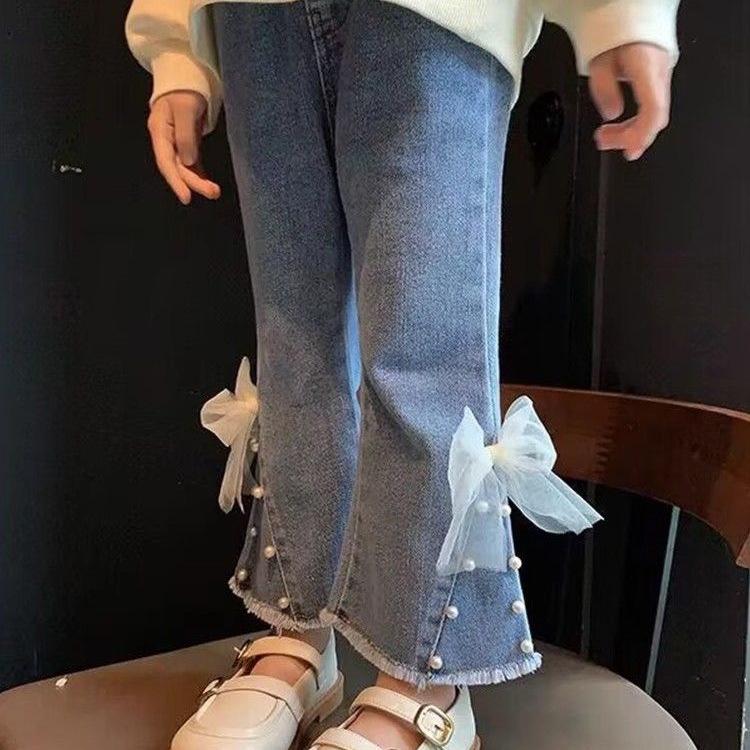Modische Perlen-Schlagjeans für Mädchen 2025 - Elastische Frühjahrs-/Herbsthosen