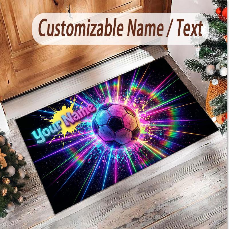 Soccer Theme Soft Crystal Velvet Rug Custom Name & Text Print Non Slip Floor Rug for Bedroom Living Room