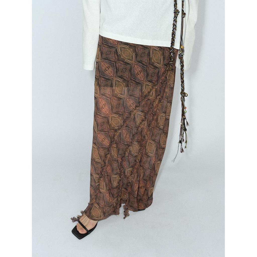 [Shishi] Women's Geometric Print Bias-Cut Long Dress with Ruffle Trim V8039