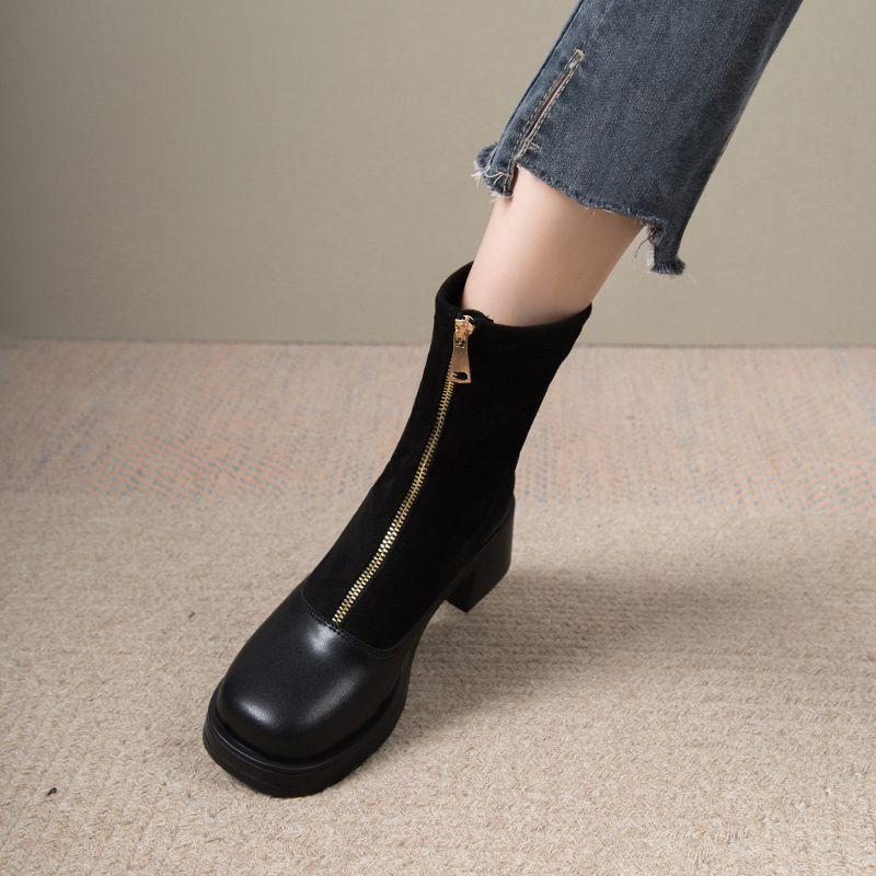 Fashion Heeled Women's Ankle Boots Round Toe Zipper Female Short Shoes Autumn Winter Black Booties Designer Luxury High Quality Footwear