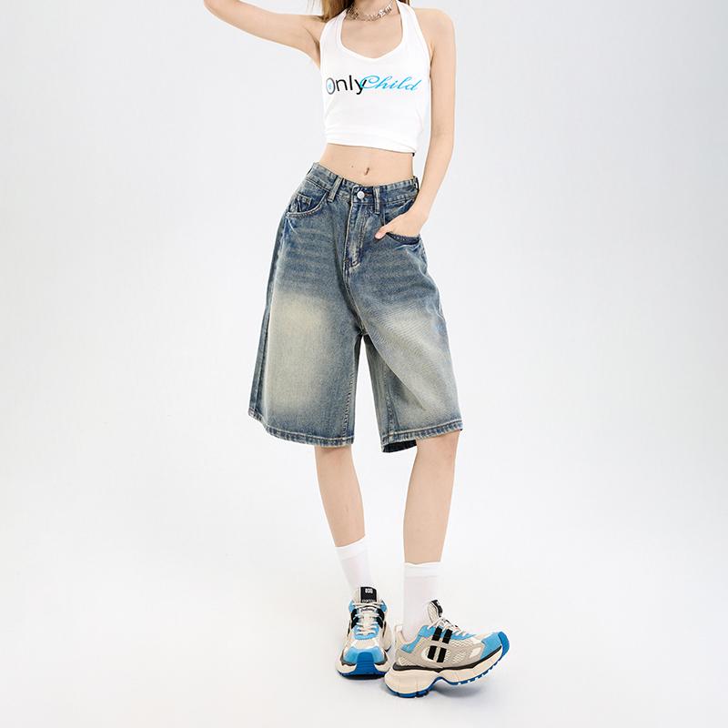 Street Casual Y2K Loose Wide-leg Denim Shorts Five-point Baggy Jeans Women's All-match Straight Summer Hot Shorts