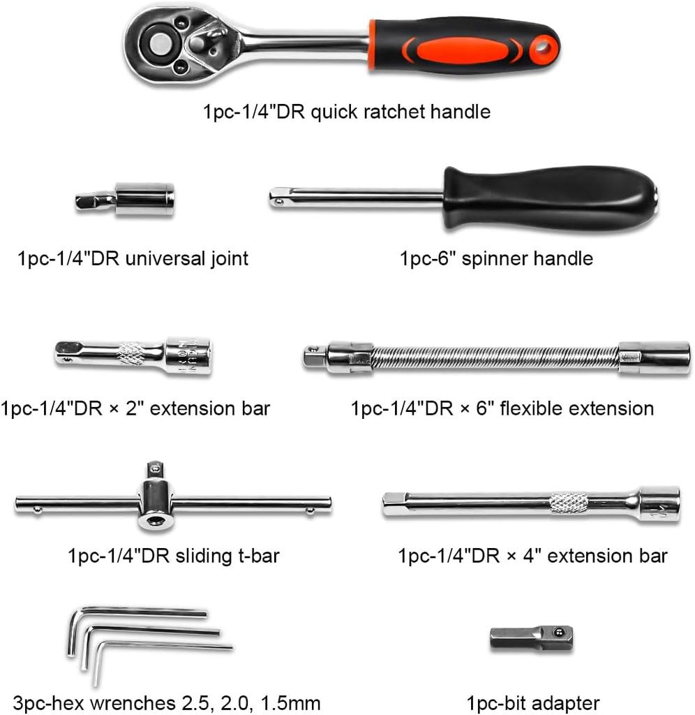 46-Pieces 1/4 Inch Drive Socket Ratchet Wrench Set Metric Bit Socket Extension Bar Hand Tools Case Pack Auto Repair Garden Use
