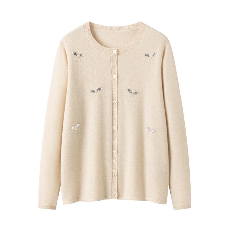 Women's 100% Pure Cashmere Embroidered Round Neck Cardigan - New Style Solid Color Knit Sweater Coat