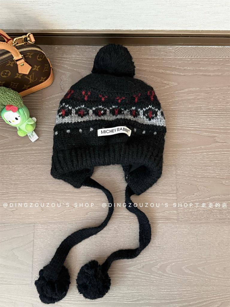 Vintage Hat Fair Island Hairball Knitted Hat Women's Winter Warm Ear Protection Lei Feng Hat Thickened Red Wool Hat