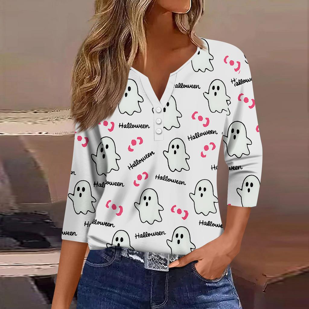 Women's T Shirt Tee Print Button 3/4 SleeveDaily Weekend Fashion Basic V- Neck Regular Top