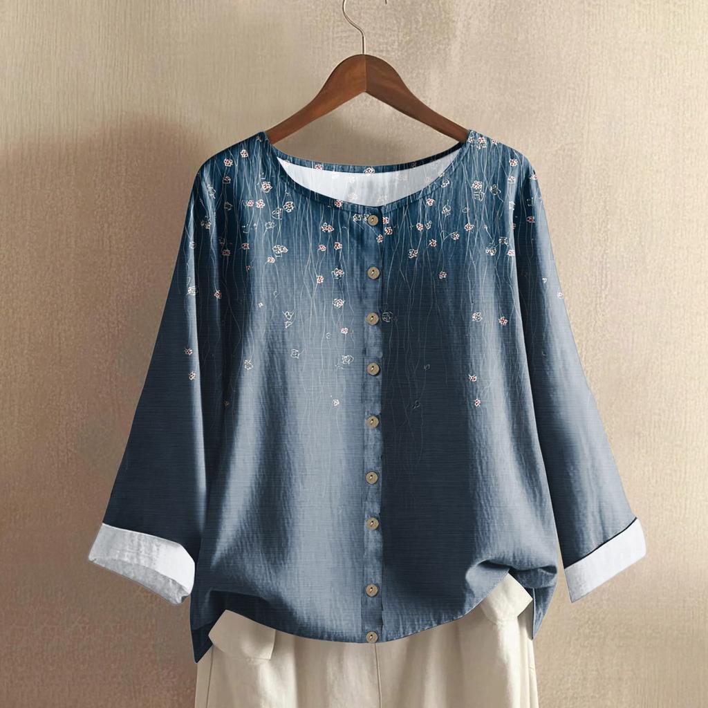 Women's Fashionable And Casual Shirt Long-sleeve Round Neck Print Cotton And Linen Blouse Top