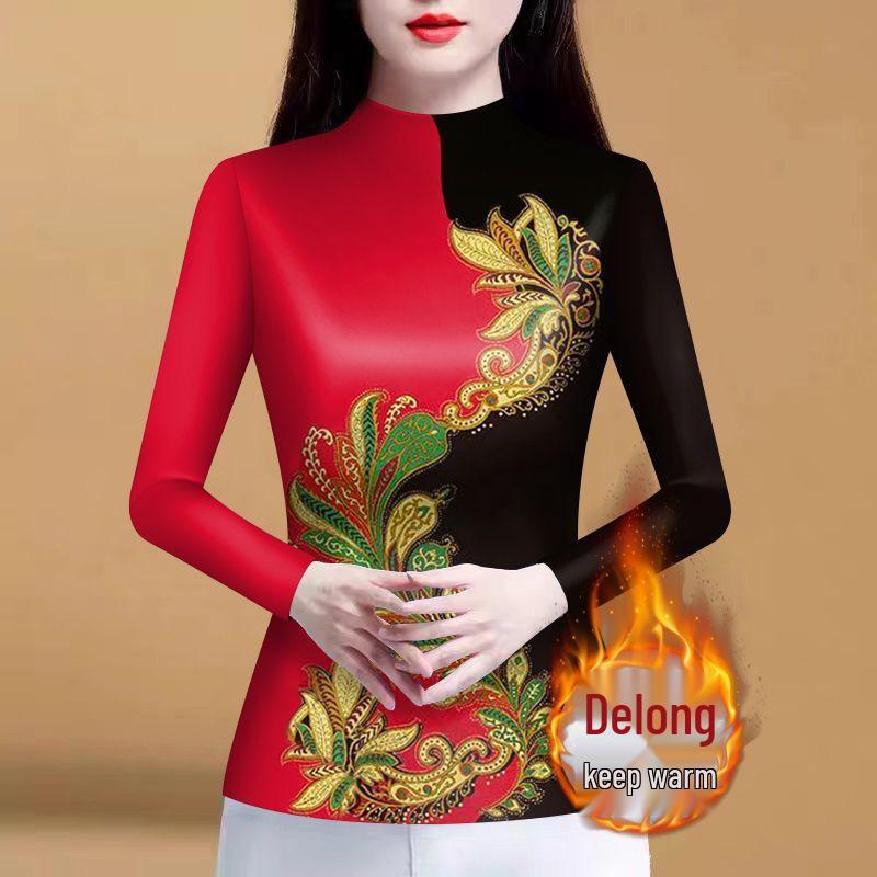 Mom's Autumn/Spring Long Sleeve Semi-High Neck Fleece Lined Shirt - High-End Print Tummy Covering T-Shirt Top