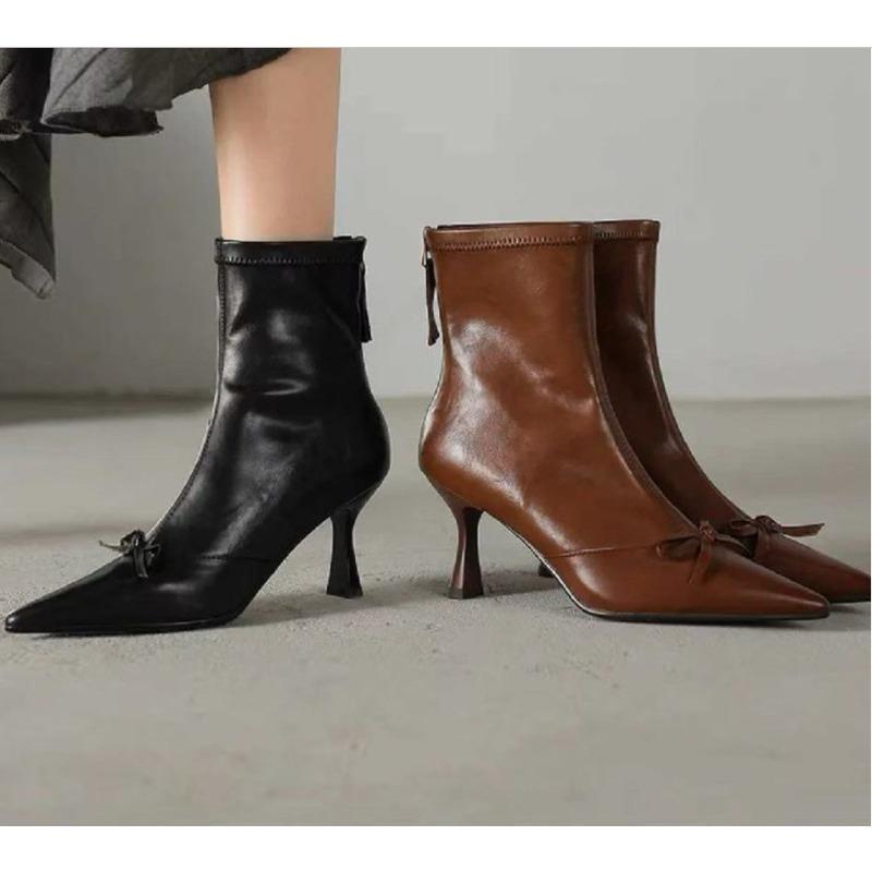 New Style Fashion Women High Heel Short Leather Boots Female Pointed Thin Heel Boots Ladies Ankle Short Boots  Mujer