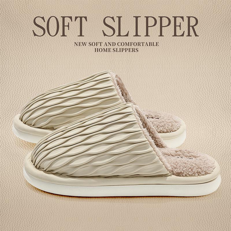 Home cotton slippers winter couple pu waterproof creative plush warm non-slip indoor household cotton mop