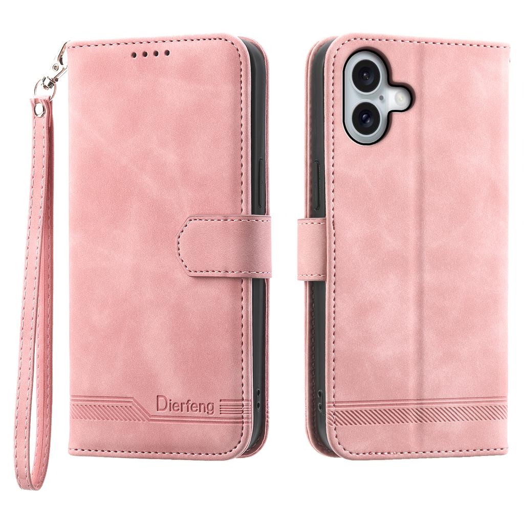DIERFENG DF-03 For iPhone 17 Case Lines Imprint Wallet Leather Phone Cover with Wrist Strap