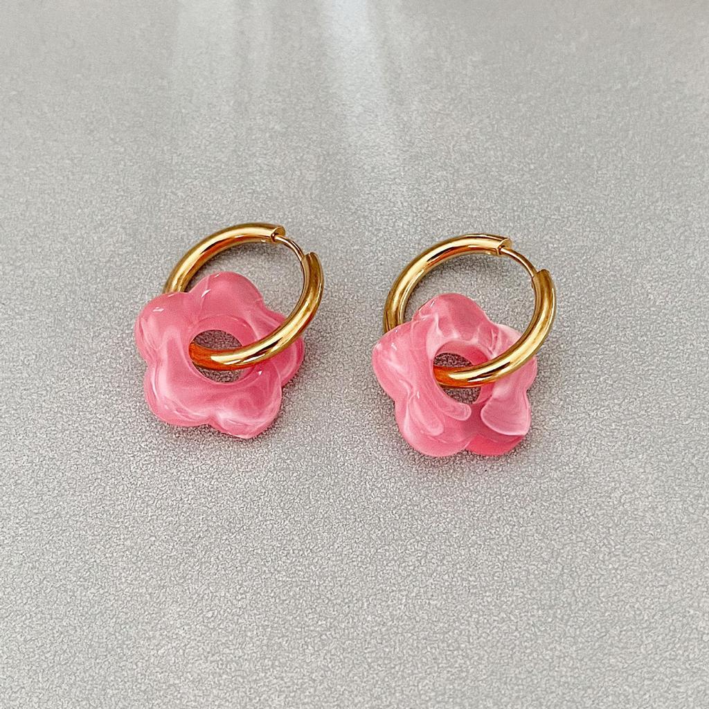 18K Gold Plated Colorful Flower Hoop Earrings - Retro Stainless Steel Jewelry for Women.