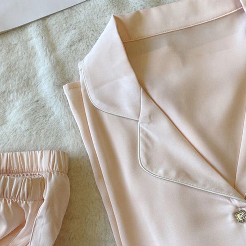 Damen-Pyjama-Set aus Eisseide, kurzärmelig, für Mädchen, Heimkleidung, einfarbig, zweiteilig, bequem, Kirschdruck