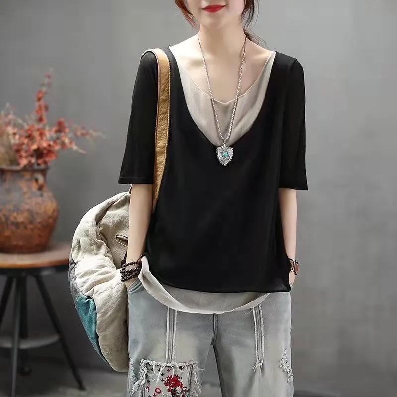 

Женская футболка Ложные две вещи большого размера Свободная трикотажная рубашка с v-образным вырезом Повседневная универсальная футболка из хлопка и льна Топы с короткими рукавами XXXL