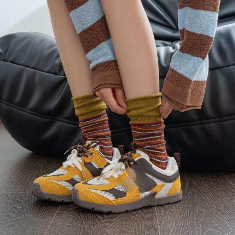 Autumn and Winter Color-blocking Striped High-slit Mid-calf Socks for Women's Fashion Pairs with Pure Cotton Puffy Long Socks