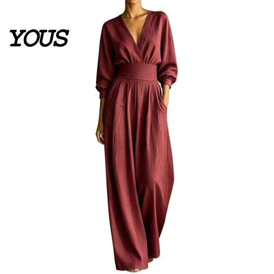 Everyday Wear Jumpsuit Women's Long Sleeve Jumpsuit, Deep V Neck Loose Wide Leg Plus Size Women Rompers, High Waist Summer Casual One Piece