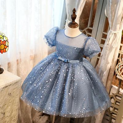 Vêtements de spectacle pour enfants, manches bouffantes bleues, robe de princesse à paillettes étoiles, fête d'anniversaire, robe de bal moelleuse avec nœud pour bébés filles