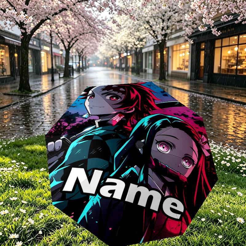 Custom Name Personalized Demon Slayer Print Umbrella, Auto Open Close, 8‑Rib Sturdy Frame, Commute Camping Hiking Use, Birthday Gift