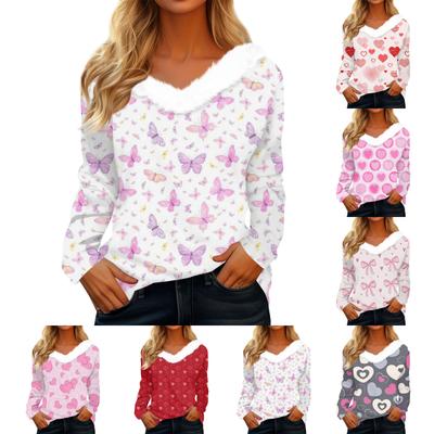 Camisa Estampada de Manga Comprida para o Dia dos Namorados Feminina, Decote em V, Top Camiseta Casual Soltinho