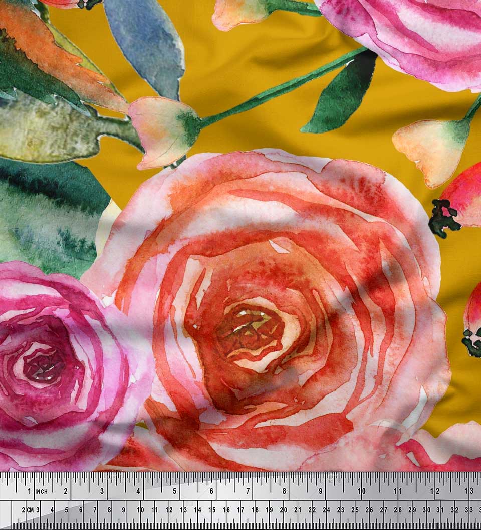 

Японська креп-атласна тканина Soimoi з принтом листя та квітів троянди Швейна тканина, метр 42 дюйма 42 Inch Wide - Poly Crepe жовтий