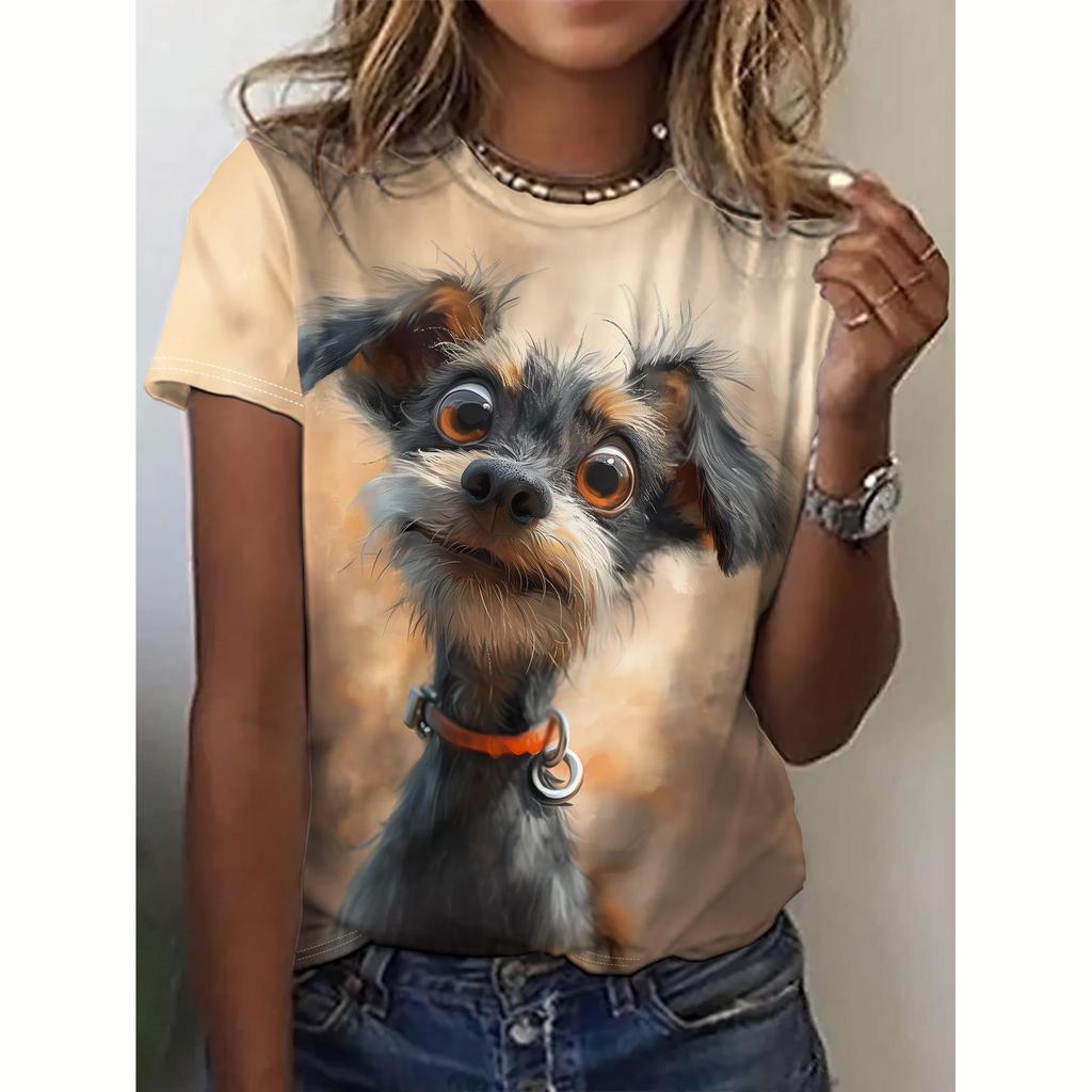 Short Sleeved Women's T-shirt Summer 3D Dog Print Street Crew Women's T-shirt