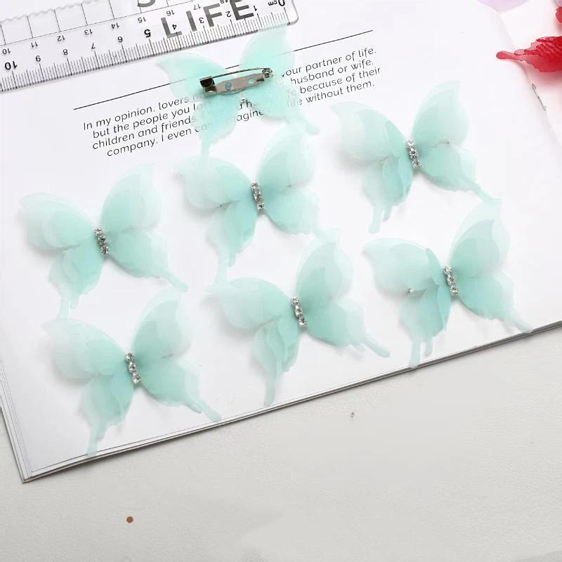 6 Colors 3D Tulle Butterfly Brooch Pins 10Pcs Rhinestone Organza Lapel Pins for Women Fashion Daily Wear Accessory