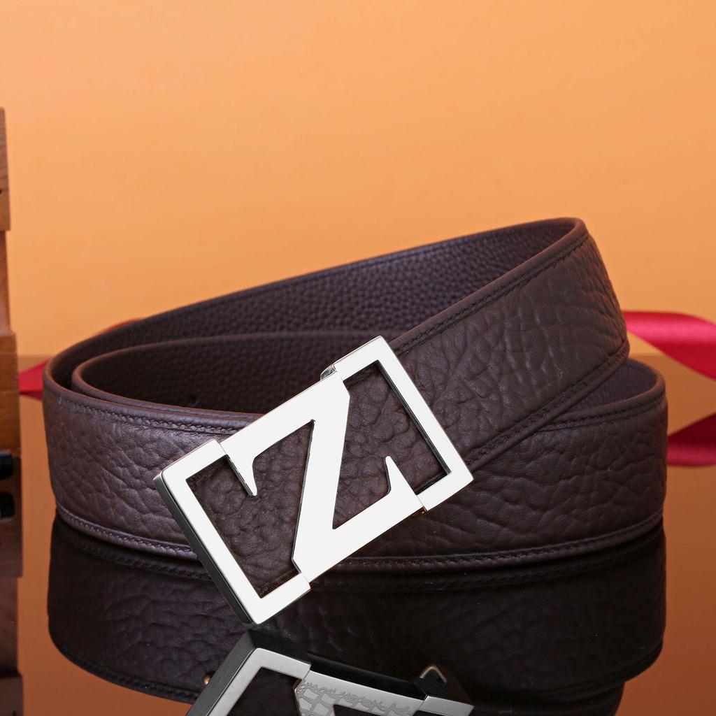 Men's Z Letter Business Casual Buffalo Leather Belt with Stainless Steel Buckle