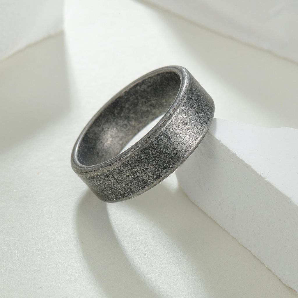 Men's Retro Trendy Ancient Silver Flat-Edged Ring with European American Cross Design