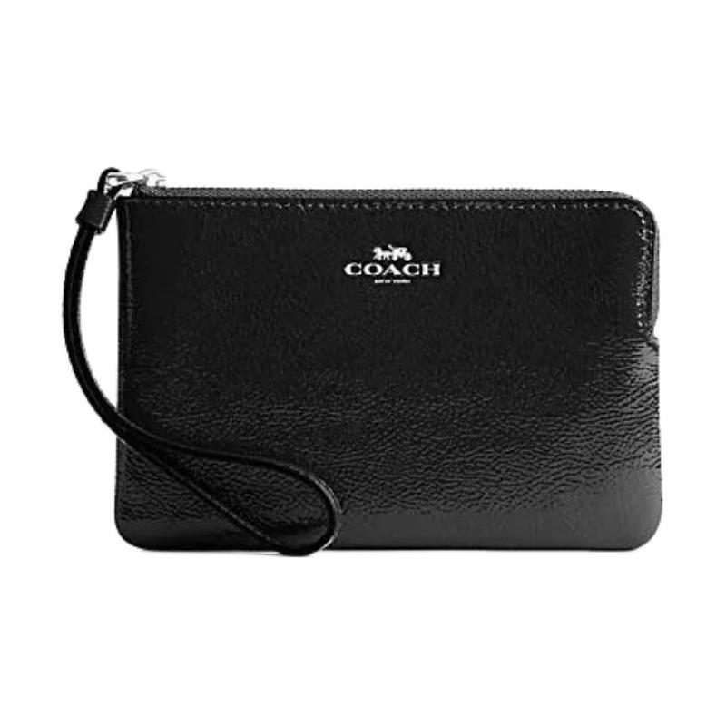 COACH Corner Zip 16 Logo Zip Closure Calf Leather Wrist Bag Clutch Small Women Black чёрный
