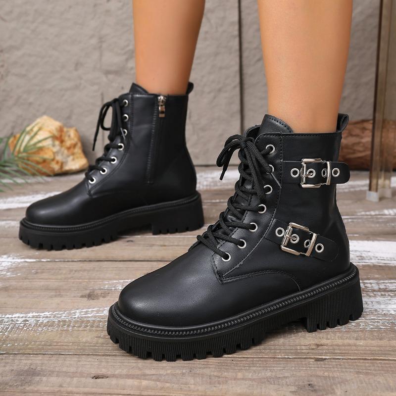 

Fashion Round Toe Kitten Heel Bootie Toe Fall/Winter New Zip Belt Buckle Platform Block Heel Leather Shoes 35 чёрный