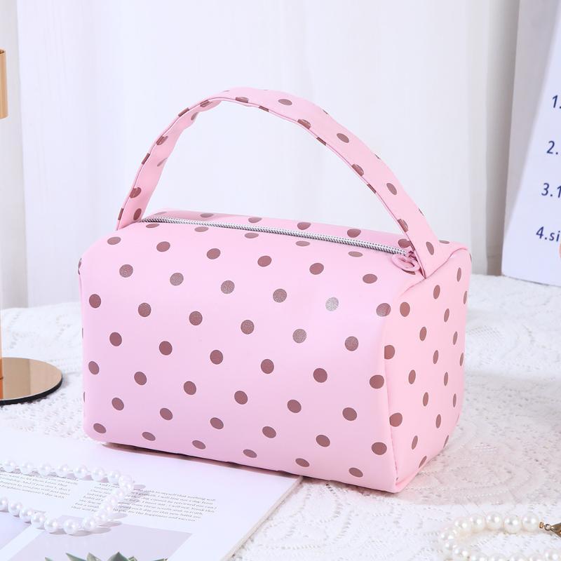 1/3Pcs Pink Polka Dot Pu Makeup Bag Set Large Capacity Sturdy Handle For Travel Daily Cosmetic Storage