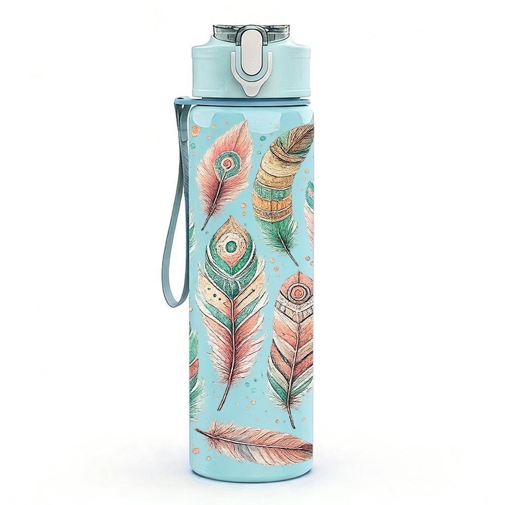 1PC Colorful Peacock Feather Pattern Print 750ml Color Plastic Sports Water Bottle Leakproof Flip Straw Lid Suitable for Sports Office Home Use