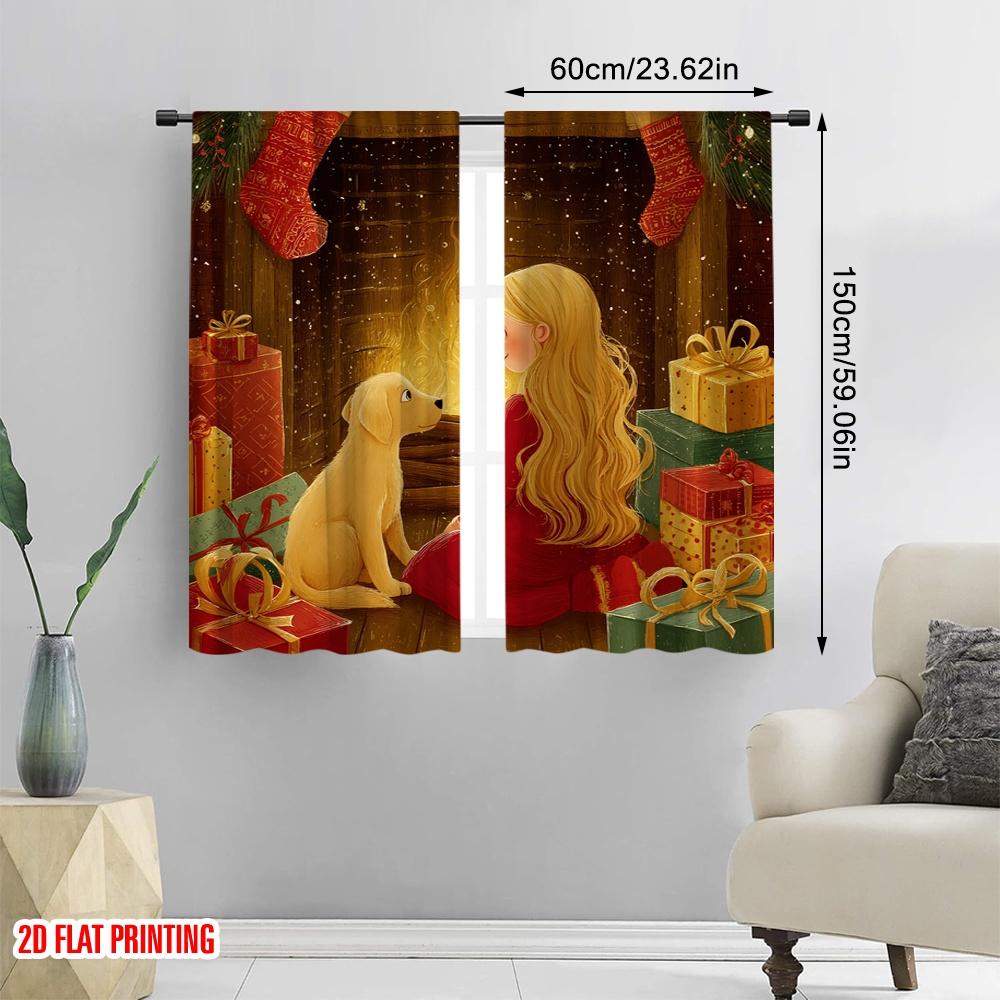 2pcs,2D plane printing Creative Curtains Cozy Fireplace Scene with in Red & Dog Polyester Fabric (without rod) Art Deco Festive