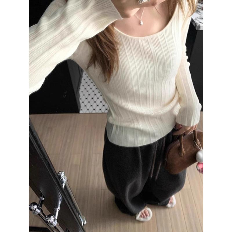Versatile Simple Solid Color Knitted Slim-fitting Long-sleeved Shirt Women's Early Autumn New Skin-friendly Bottoming Shirt Top