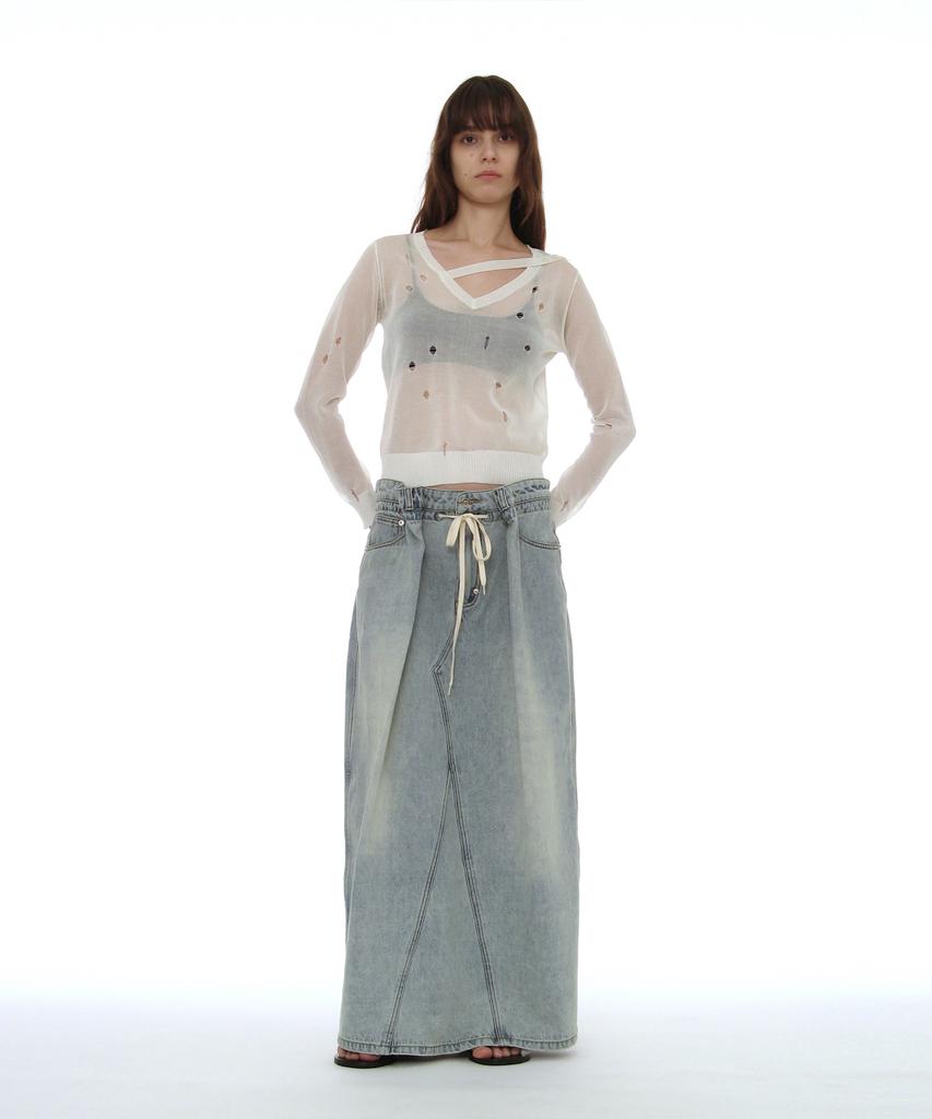 Partimento Woman Drawstring Denim Maxi Skirt_Light Blue