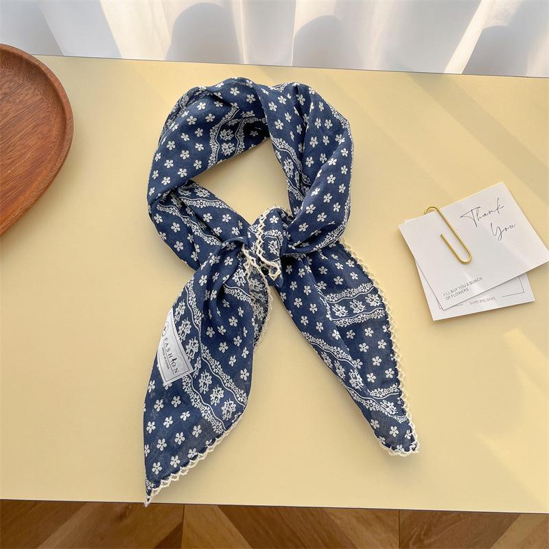 Women's Retro Floral Silk Cotton Scarf: Black Rice Square, Hair Band, Neck Warmer, Headscarf - Spring/Summer.